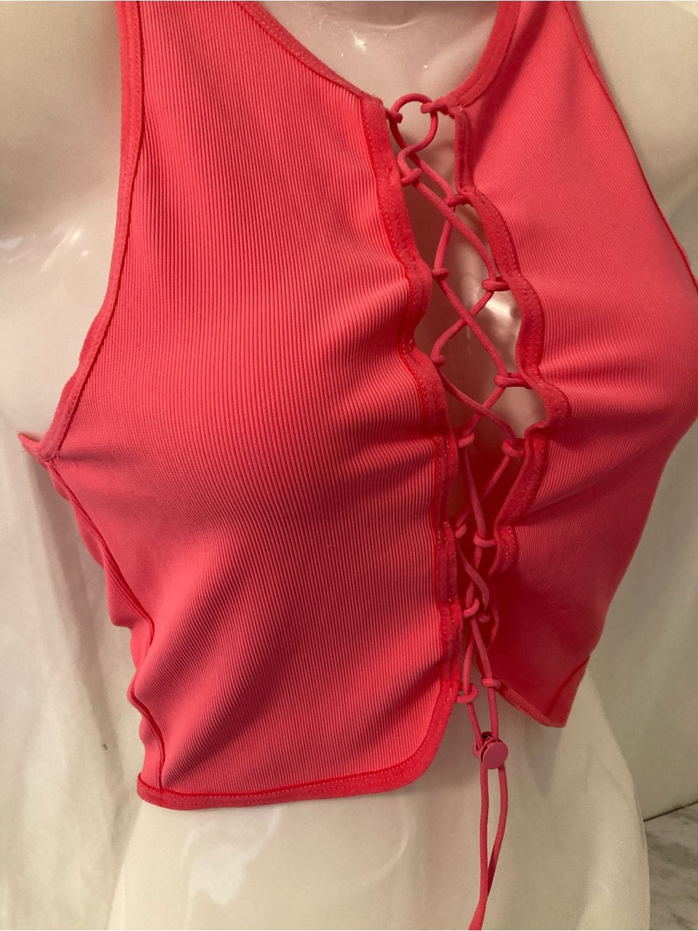 Twik by Simons Pink Ribbed Lace-Up Front Crop Top XS Y2K